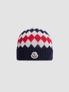 Argyle Pattern Wool Beanie Boy Blue & White & Red Moncler