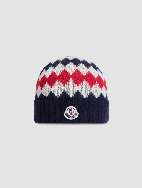 Argyle Pattern Wool Beanie Boy Blue & White & Red Moncler