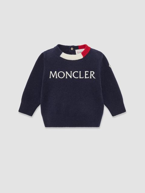 Embroidered Logo Wool & Cashmere Sweater Boy Indigo Blue Moncler