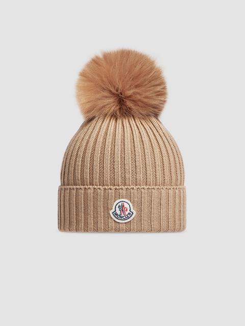 Wool Beanie with Pom Pom Girl Beige Moncler