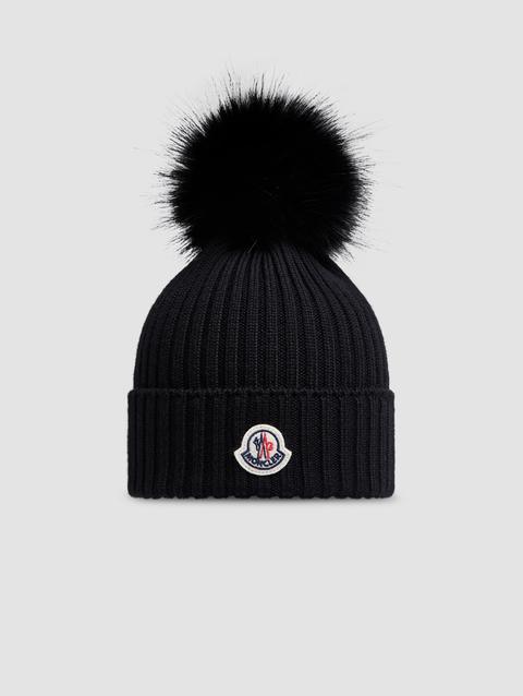 Wool Beanie with Pom Pom Girl Black Moncler