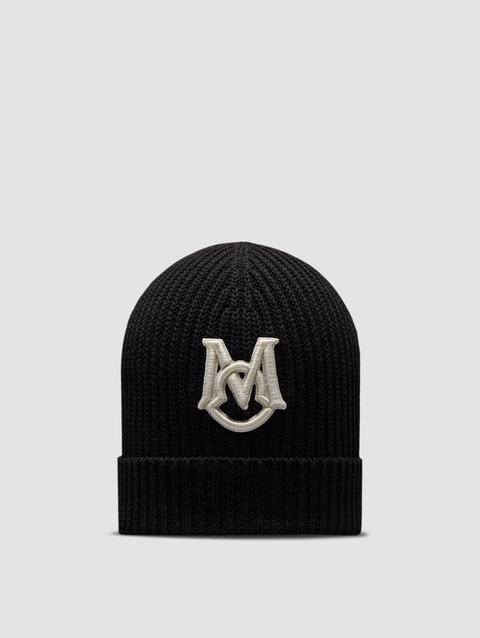 Embroidered Monogram Cotton Beanie Men Black Moncler