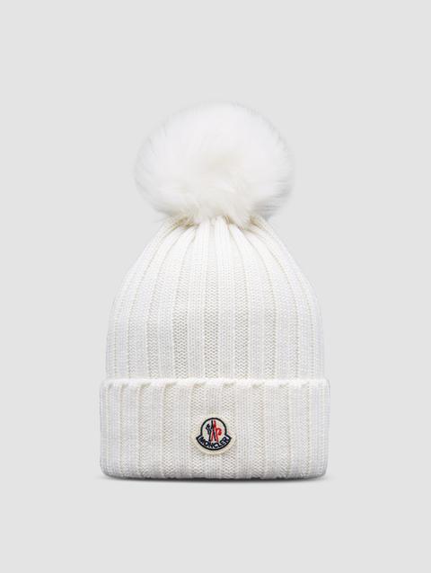 Wool Beanie with Pom Pom Women White Moncler