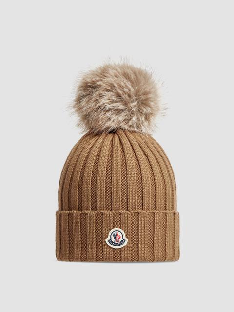 Wool Beanie with Pom Pom Women Beige Moncler