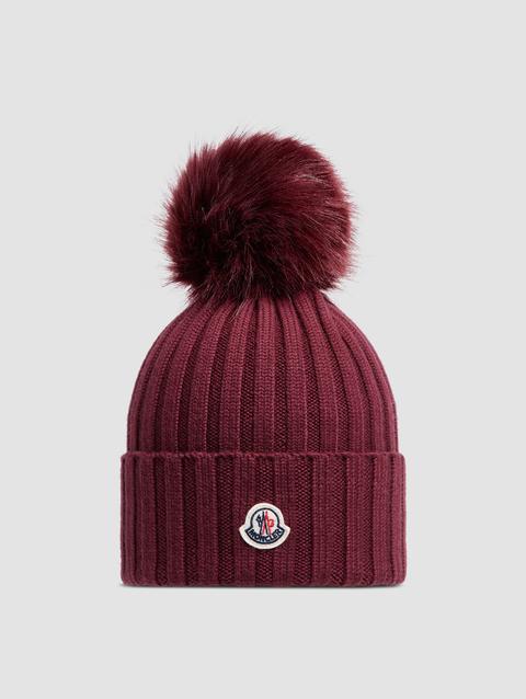 Wool Beanie with Pom Pom Women Burgundy Moncler