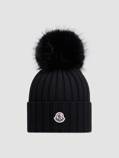 Wool Beanie with Pom Pom Women Black Moncler