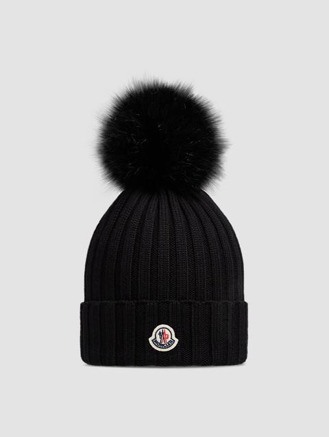 Wool Beanie with Pom Pom Women Black Moncler