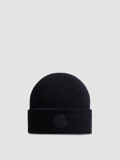 Wool Blend Logo Patch Beanie Women Black Moncler