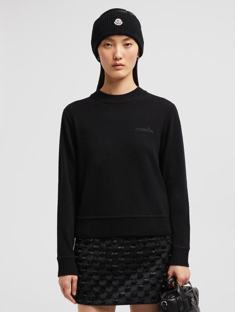 Beaded Logo Patch Cashmere & Wool Sweater Women Black Moncler